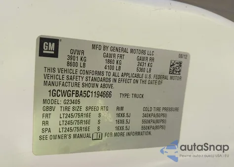 2012 Chevrolet Express 2500 Work Van z USA, uszkodzony, nr VIN 1GCWGFBA5C1194666